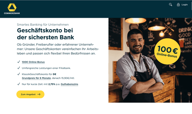 Screenshot der Startseite von Commerzbank Business (© Commerzbank AG)