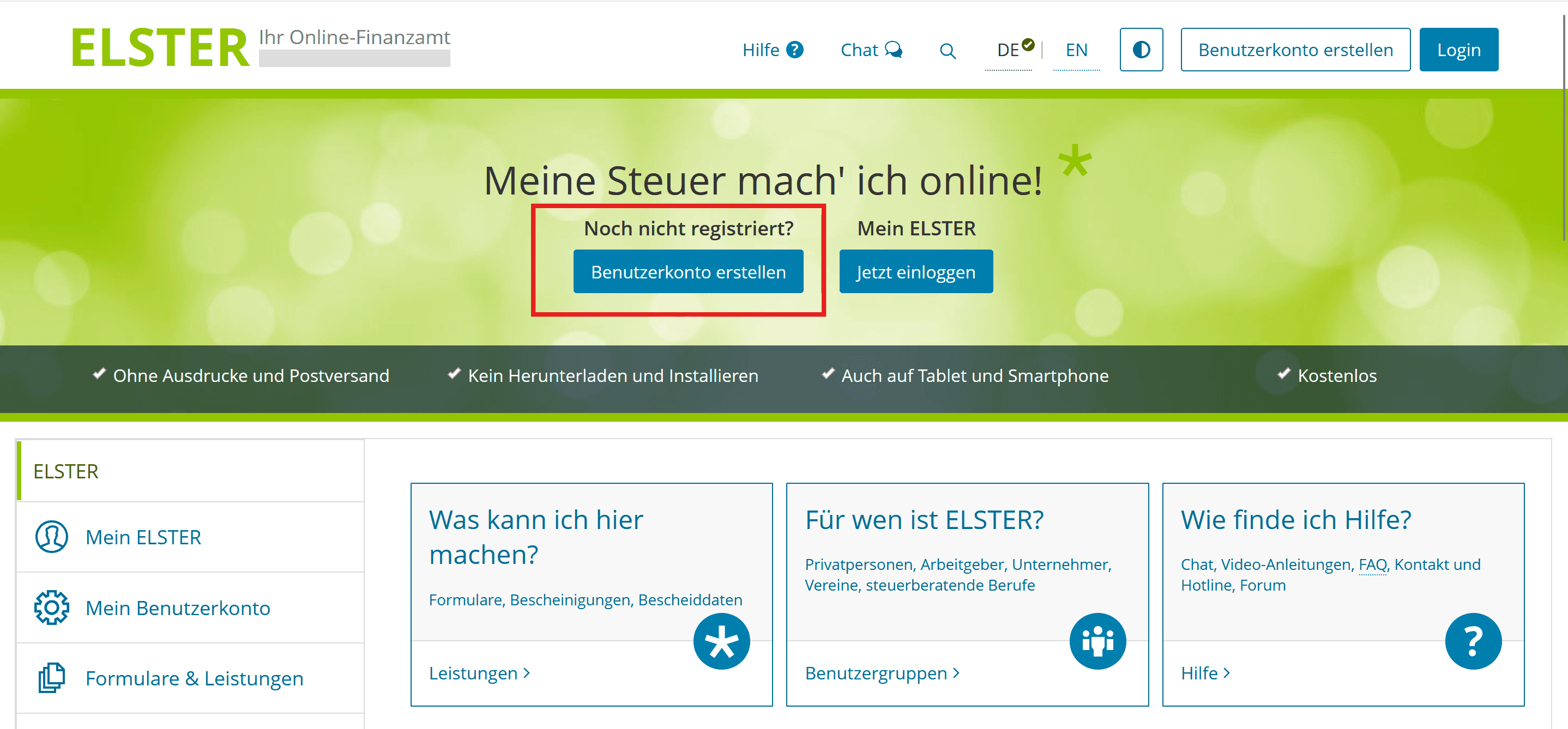 Startseite von ELSTER