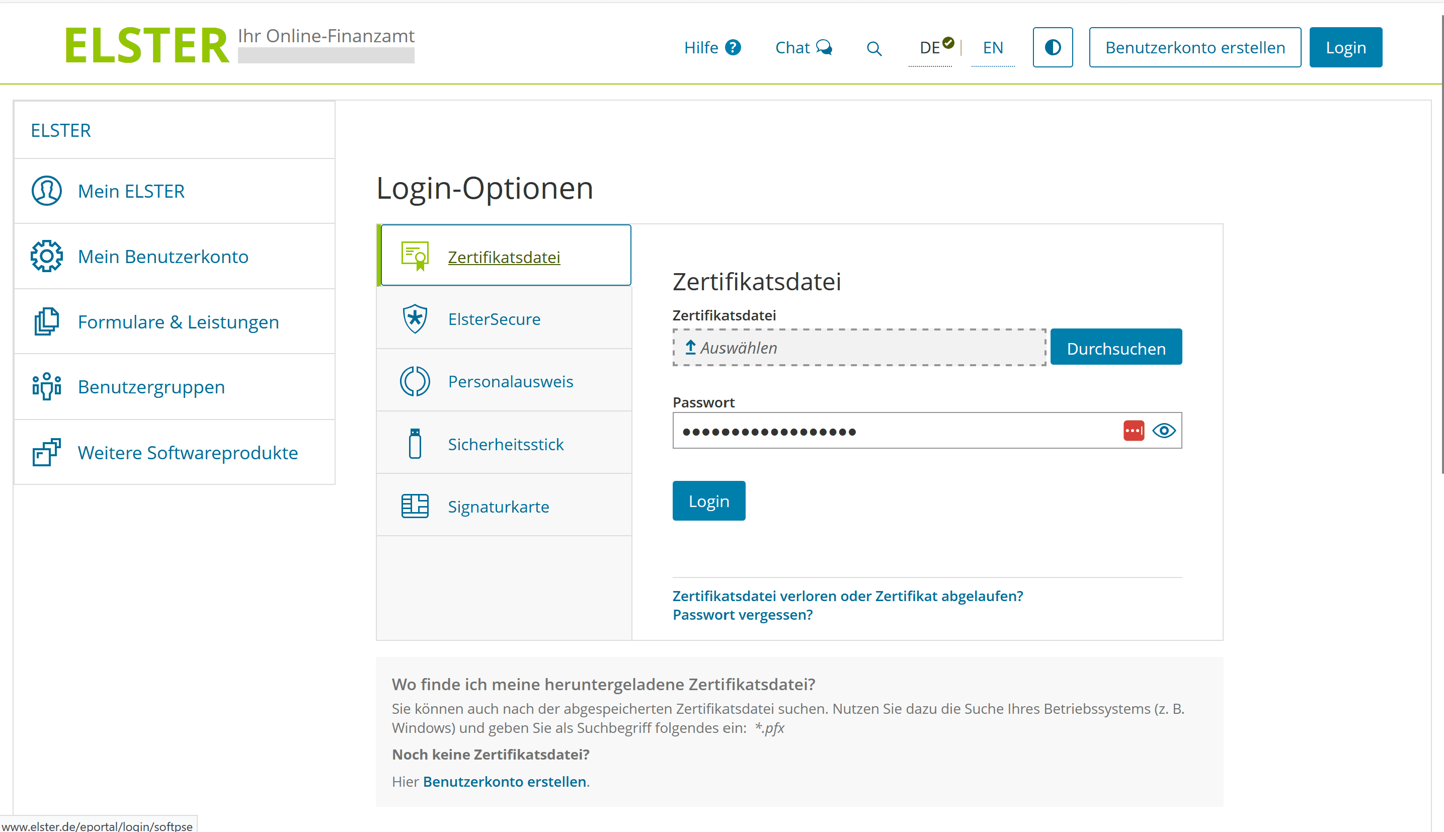 Einloggen bei ELSTER