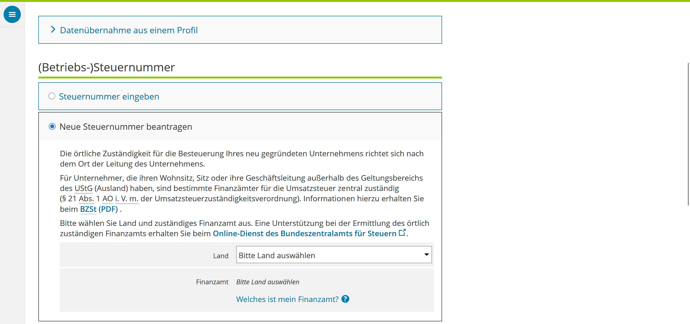 Hier klicken, um eine neue Steuernummer zu beantragen