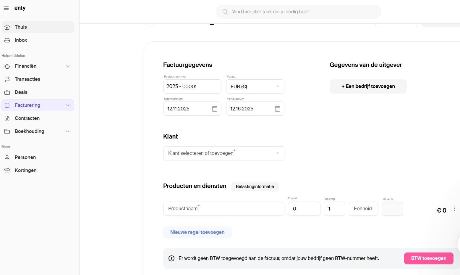 Interface Enty gratis facturen maken