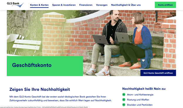 Screenshot der Startseite von GLS Bank (© GLS Gemeinschaftsbank eG)