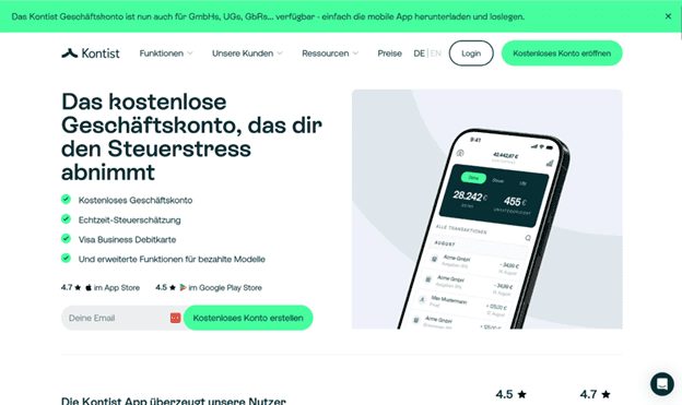 Screenshot der Startseite von Kontist (© Kontist GmbH)