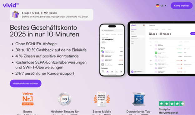 Screenshot der Startseite von Vivid (© Vivid Money GmbH)