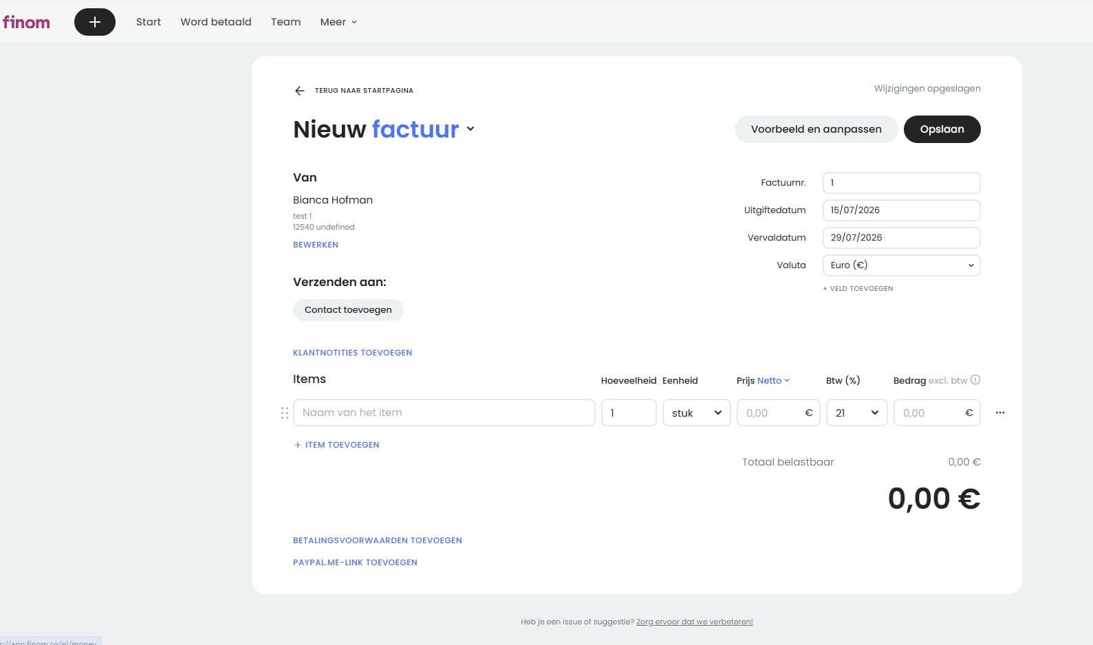 Finom interface gratis factuur maken
