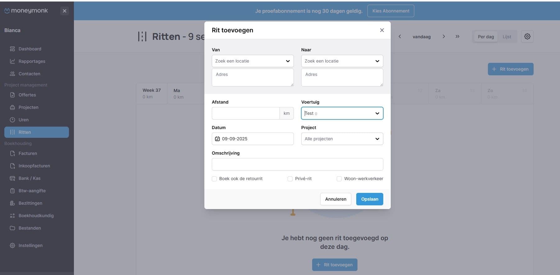 Interface MoneyMonk rittenregistratie