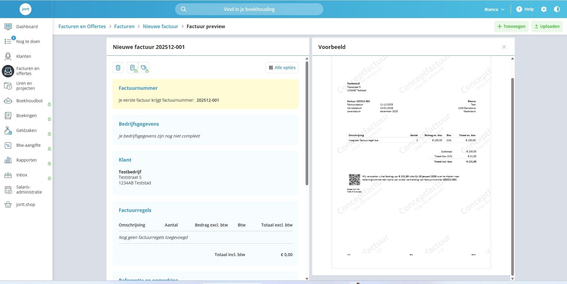 Interface Jortt gratis facturen maken
