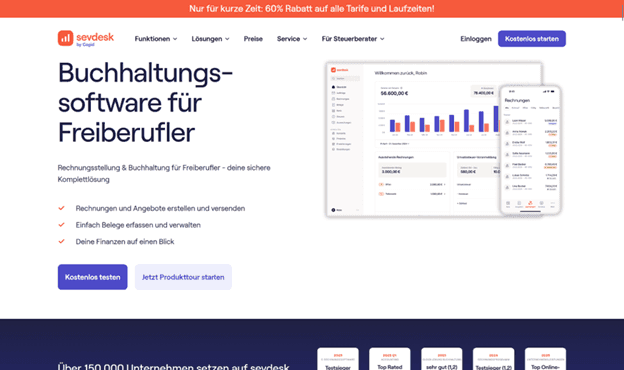 Screenshot der Startseite von sevDesk (© sevDesk GmbH)