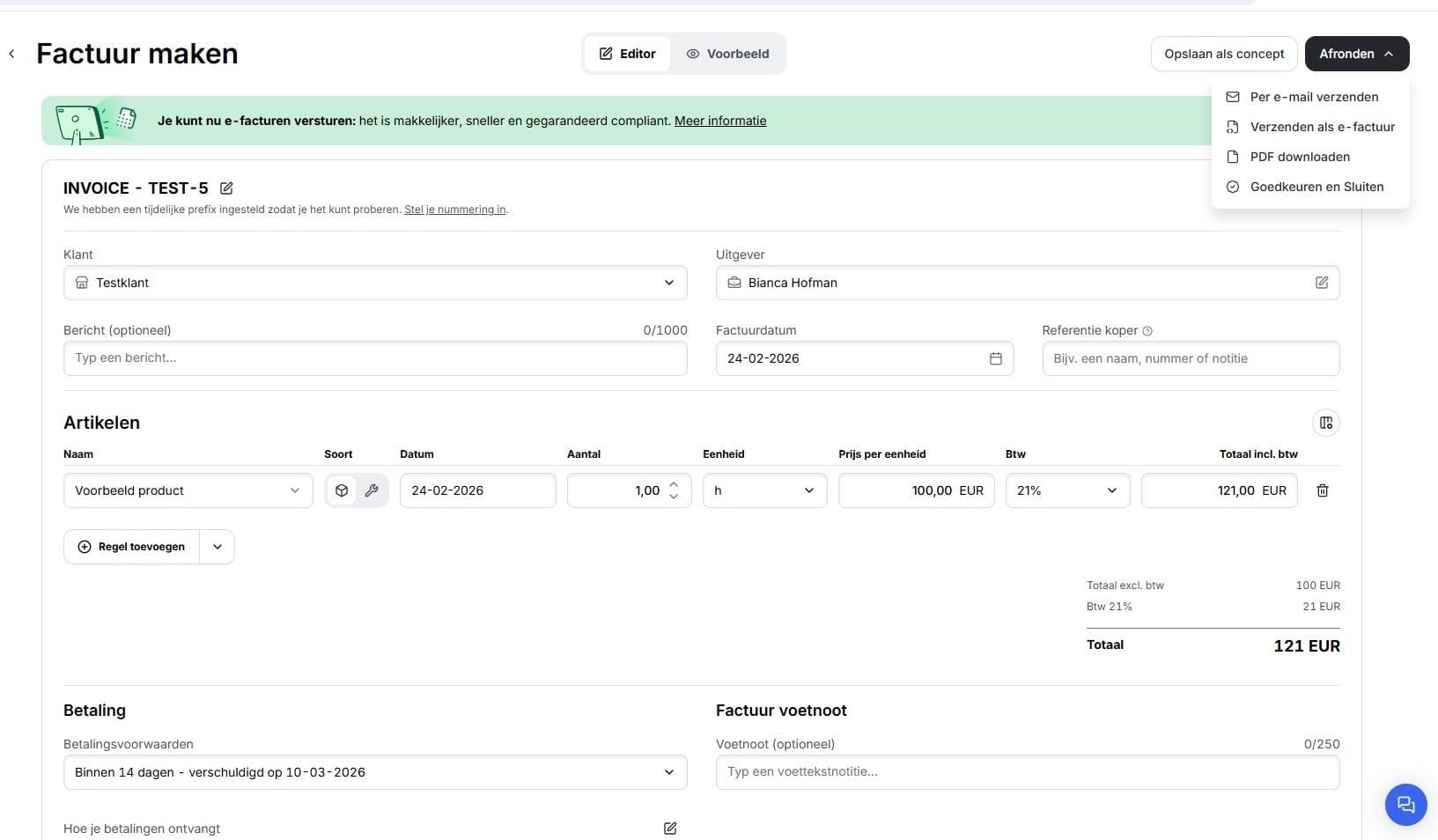 Interface Shine voor gratis facturen maken